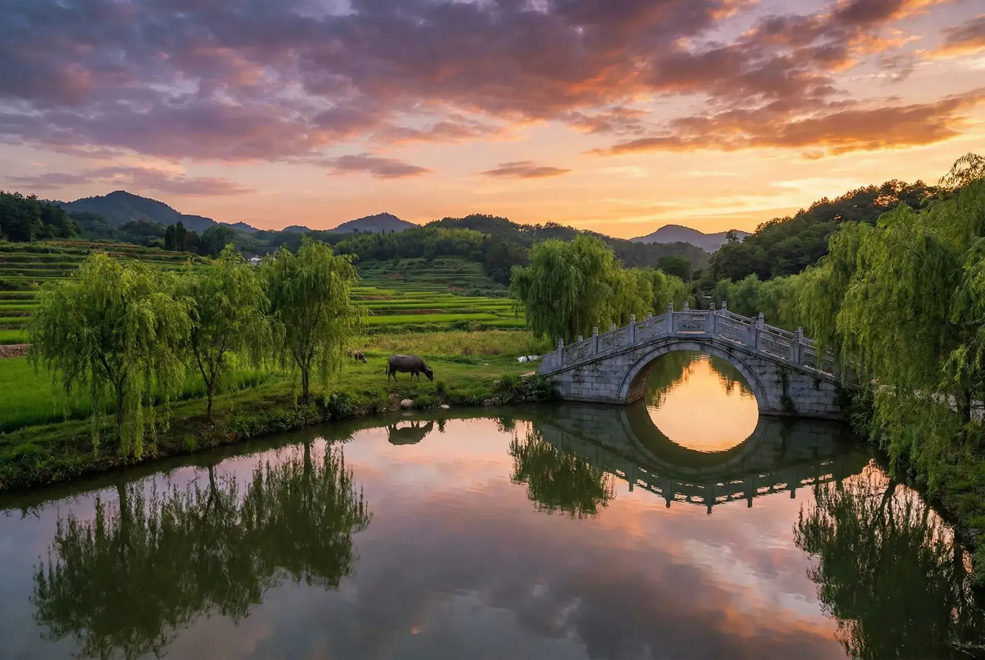 夕阳下的石拱桥与垂柳，水牛在河边吃草 - 芭乐APP最新下载网站进入IOS站长统计 乡村美景